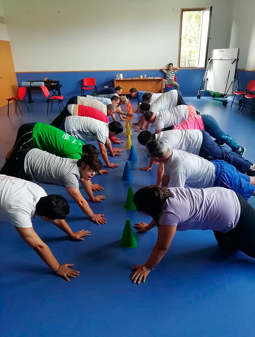 Grupo de participantes em atividade física e exercício adaptado numa sala de formação